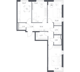 Планировка трехкомнатной(квартира) площадью 78.59 квадратных метров в ЖК “ЖК Мытищи Парк”