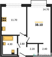 Планировка однокомнатной(квартира) площадью 38.1 квадратных метров в “ЖК Равновесие”