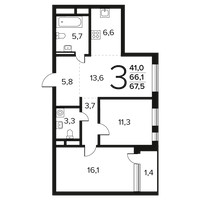 Планировка трехкомнатной(квартира) площадью 67.5 квадратных метров в “Новые Ватутинки. Заречный”