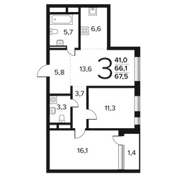 Планировка трехкомнатной(квартира) площадью 67.5 квадратных метров в ЖК “Новые Ватутинки. Заречный”
