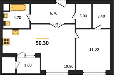 Планировка однокомнатной(квартира) площадью 50.3 квадратных метров в ЖК “Sky Garden”