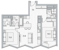 Планировка двухкомнатной(квартира) площадью 64.5 квадратных метров в “ЖК Береговой-2. Жилой квартал на Москве-реке”