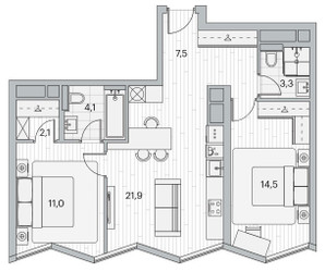 Планировка двухкомнатной(квартира) площадью 64.5 квадратных метров в ЖК “ЖК Береговой-2. Жилой квартал на Москве-реке”