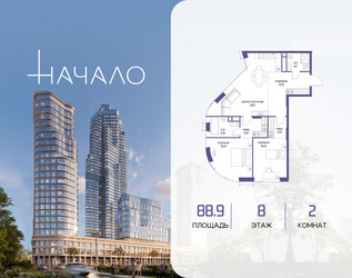 Планировка двухкомнатной(квартира) площадью 88.9 квадратных метров в ЖК “ЖК Начало”