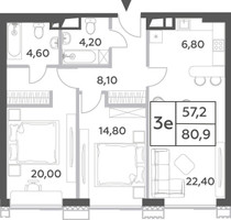 Планировка трехкомнатной(квартира) площадью 80.9 квадратных метров в “ЖК Will Towers (Вилл Тауэрс)”