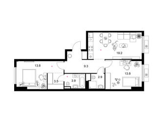 Планировка двухкомнатной(квартира) площадью 66.4 квадратных метров в ЖК “ЖК Белая Дача парк”