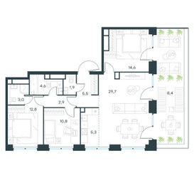 Планировка 4+ комнатной(квартира) площадью 99.5 квадратных метров в ЖК “ЖК Левел Звенигородская”