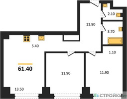 Планировка двухкомнатной(квартира) площадью 61.4 квадратных метров в “ЖК Very (Вери)”