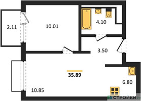 Планировка однокомнатной(квартира) площадью 35.89 квадратных метров в “ЖК Пригород Лесное”