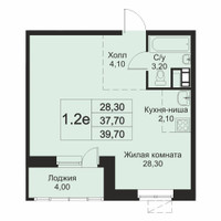 Планировка однокомнатной(апартаменты) площадью 39.7 квадратных метров в “ЖК Кашинцево”