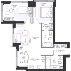 Планировка трехкомнатной(квартира) площадью 70.3 квадратных метров в ЖК “ЖК Hide (Хайд)”