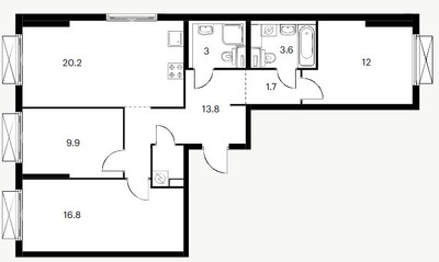 Планировка трехкомнатной(квартира) площадью 80.2 квадратных метров в ЖК “ЖК Кольская 8”
