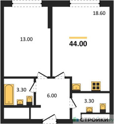 Планировка однокомнатной(квартира) площадью 44 квадратных метров в ЖК “Жилой район Alia (Алиа)”