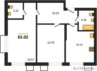 Планировка двухкомнатной(квартира) площадью 65.02 квадратных метров в ЖК “ЖК Бархат”