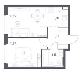 Планировка однокомнатной(квартира) площадью 38.48 квадратных метров в ЖК “ЖК Квартал Строгино”