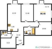 Планировка трехкомнатной(квартира) площадью 87.3 квадратных метров в “ЖК Горки Парк”