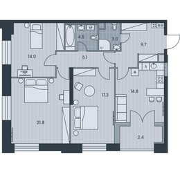 Планировка трехкомнатной(квартира) площадью 92.5 квадратных метров в ЖК “ЖК Ever (Эвер)”