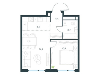 Планировка двухкомнатной(квартира) площадью 39 квадратных метров в ЖК “ЖК Левел Мичуринский”