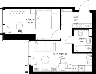 Планировка однокомнатной(квартира) площадью 41.5 квадратных метров в ЖК “ЖК Веер”