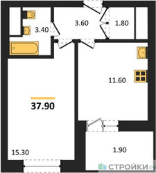 Планировка однокомнатной(квартира) площадью 37.9 квадратных метров в ЖК “ЖК Рассказово”
