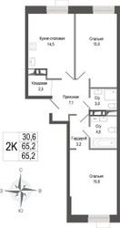 Планировка двухкомнатной(квартира) площадью 65.2 квадратных метров в ЖК “ЖК КИНОКВАРТАЛ”