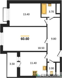Планировка двухкомнатной(квартира) площадью 60.6 квадратных метров в “ЖК Римский”