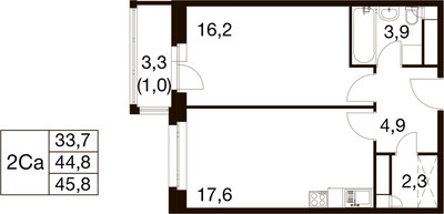 Планировка однокомнатной(квартира) площадью 44 квадратных метров в ЖК “ЖК Идеал”