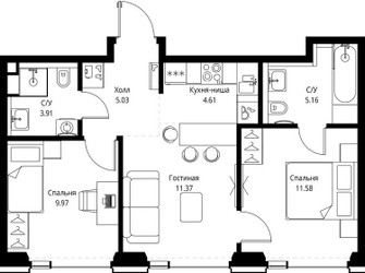Планировка двухкомнатной(квартира) площадью 51.63 квадратных метров в ЖК “ЖК СЕТ”