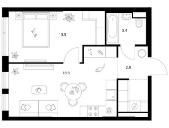 Планировка однокомнатной(квартира) площадью 41.4 квадратных метров в ЖК “ЖК Строгино 360”