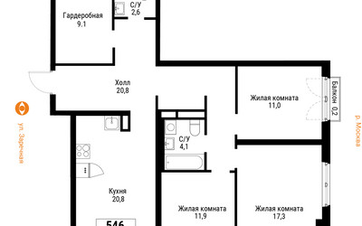 Планировка трехкомнатной(квартира) площадью 76.1 квадратных метров в ЖК “ЖК Западный Порт”