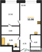 Планировка однокомнатной(квартира) площадью 53.9 квадратных метров в “ЖК Большая Татарская 35”