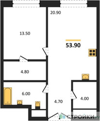 Планировка однокомнатной(квартира) площадью 53.9 квадратных метров в ЖК “ЖК Большая Татарская 35”