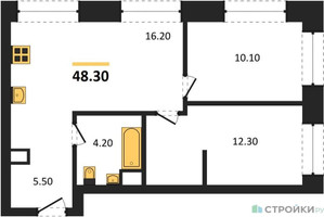 Планировка двухкомнатной(квартира) площадью 48.3 квадратных метров в “ЖК Voice Towers (Войс Тауэрс)”