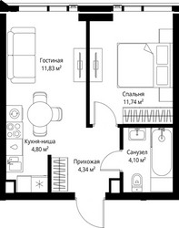 Планировка однокомнатной(квартира) площадью 36.81 квадратных метров в ЖК “ЖК Джойс”