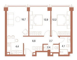 Планировка двухкомнатной(квартира) площадью 63.7 квадратных метров в ЖК “ЖК Симфония 34”