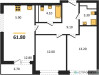Планировка двухкомнатной(квартира) площадью 61.8 квадратных метров в “ЖК Дзен-кварталы”