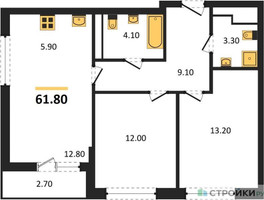 Планировка двухкомнатной(квартира) площадью 61.8 квадратных метров в “ЖК Дзен-кварталы”
