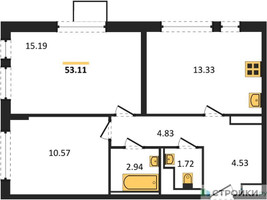 Планировка двухкомнатной(квартира) площадью 53.11 квадратных метров в “ЖК Горки Парк”