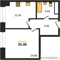 Планировка однокомнатной(квартира) площадью 35.9 квадратных метров в “ЖК Мираполис”