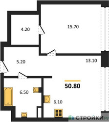 Планировка однокомнатной(квартира) площадью 50.8 квадратных метров в ЖК “ЖК Монблан”