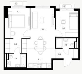 Планировка двухкомнатной(квартира) площадью 58.2 квадратных метров в ЖК “ЖК Восточное Бутово”