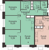 Планировка трехкомнатной(квартира) площадью 67.5 квадратных метров в ЖК “ЖК Каштановая роща”