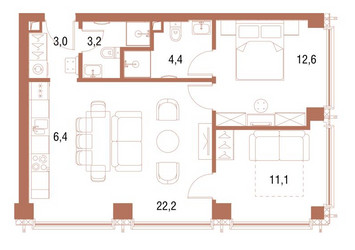 Планировка двухкомнатной(квартира) площадью 61.9 квадратных метров в ЖК “ЖК Симфония 34”