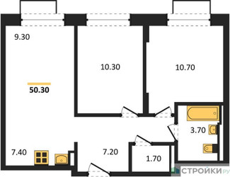 Планировка двухкомнатной(квартира) площадью 50.3 квадратных метров в ЖК “ЖК Квартал Строгино”