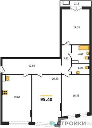 Планировка трехкомнатной(квартира) площадью 95.4 квадратных метров в ЖК “ЖК Эльйон”