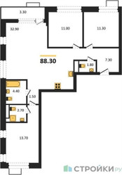 Планировка трехкомнатной(квартира) площадью 88.3 квадратных метров в ЖК “ЖК Бунинские кварталы”