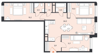 Планировка трехкомнатной(квартира) площадью 73.2 квадратных метров в “ЖК Balance (Баланс)”