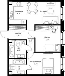 Планировка двухкомнатной(квартира) площадью 58.55 квадратных метров в ЖК “Дом премиум-класса МИРА”