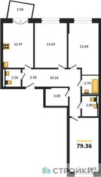 Планировка трехкомнатной(квартира) площадью 79.36 квадратных метров в ЖК “ЖК Квартал Марьино”