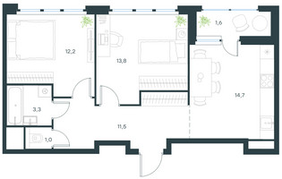 Планировка двухкомнатной(квартира) площадью 58.6 квадратных метров в “ЖК Level Лесной”
